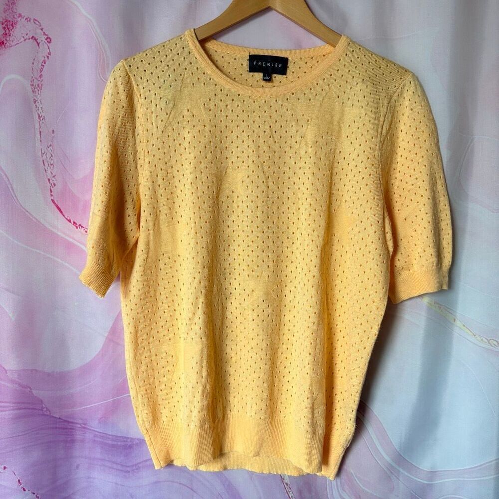 Premise Pastel Yellow Open Knit Short Sleeve Sweater L Stars Boho Retro Artsy